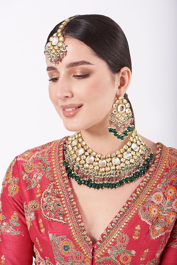 Gold Finish Kundan Polki & Multi-Colored Beaded Necklace Set by VASTRAA Jewellery