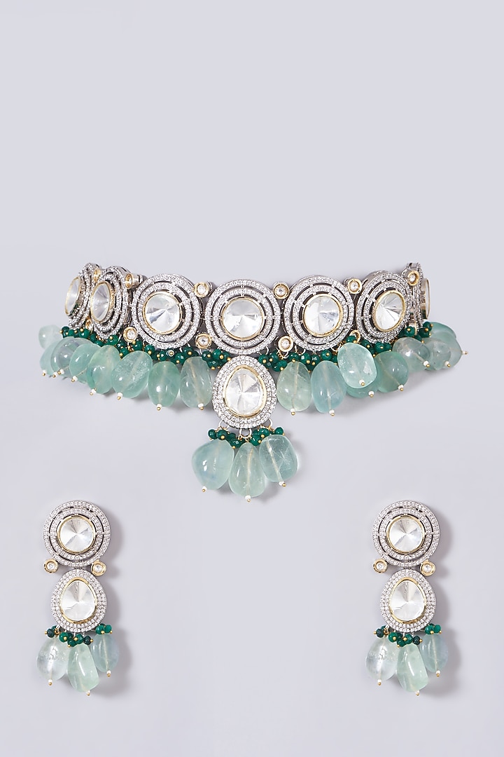 Two-Tone Finish Zircon & Mint Green Beaded Necklace Set by VASTRAA Jewellery at Pernia's Pop Up Shop
