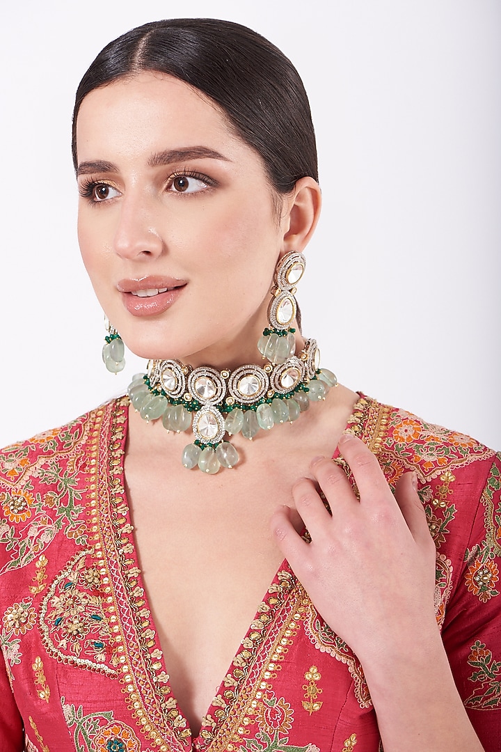 Two-Tone Finish Zircon & Mint Green Beaded Necklace Set by VASTRAA Jewellery at Pernia's Pop Up Shop
