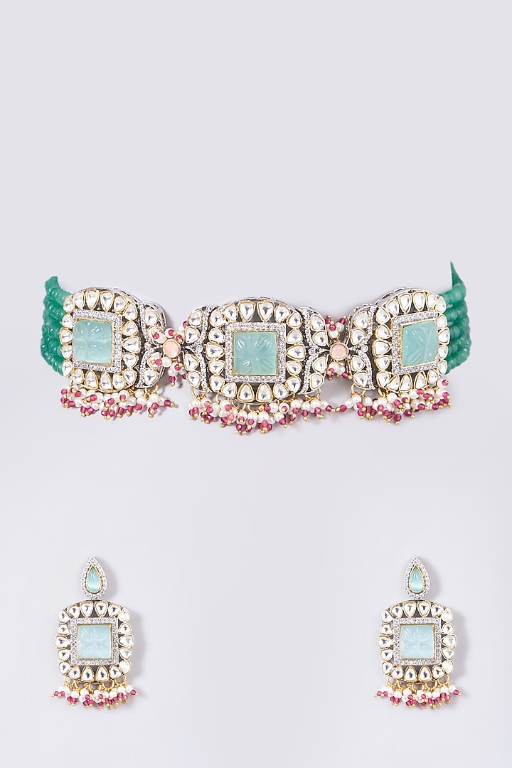 Gold Finish Kundan Polki & Mint Blue Stones Necklace set by VASTRAA