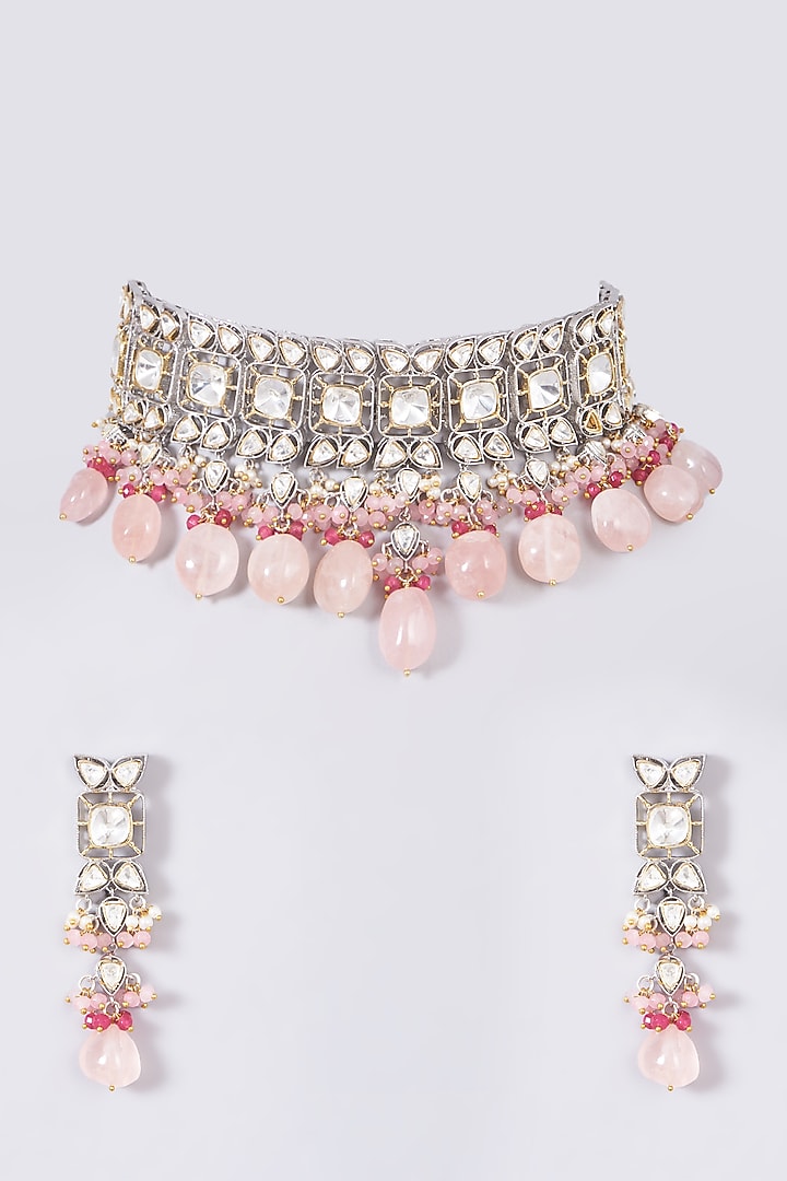 Two Tone Finish Blush Pink Beaded Necklace Set by VASTRAA Jewellery at Pernia's Pop Up Shop
