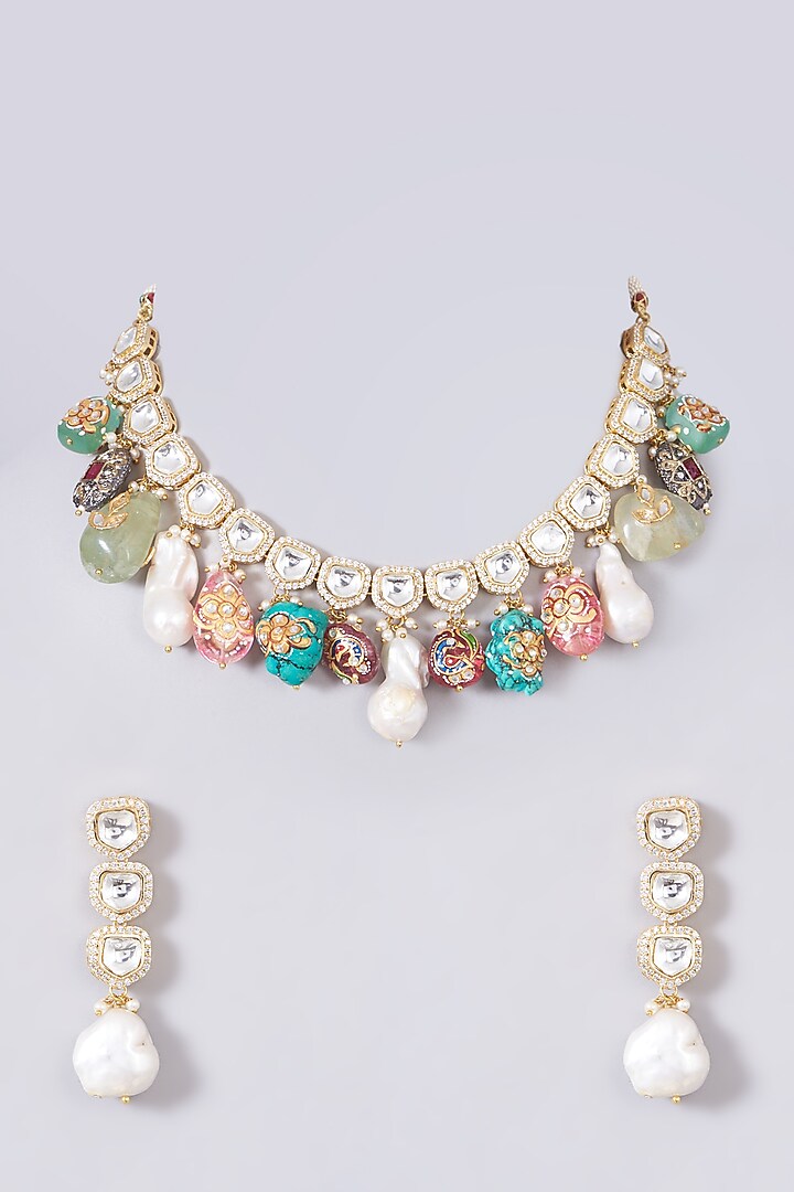 Gold Finish Kundan Polki & Multi-Colored Tumbled Beaded Necklace Set by VASTRAA Jewellery at Pernia's Pop Up Shop