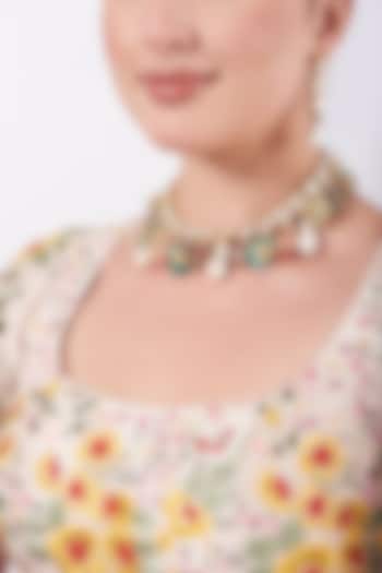 Gold Finish Kundan Polki & Multi-Colored Tumbled Beaded Necklace Set by VASTRAA Jewellery