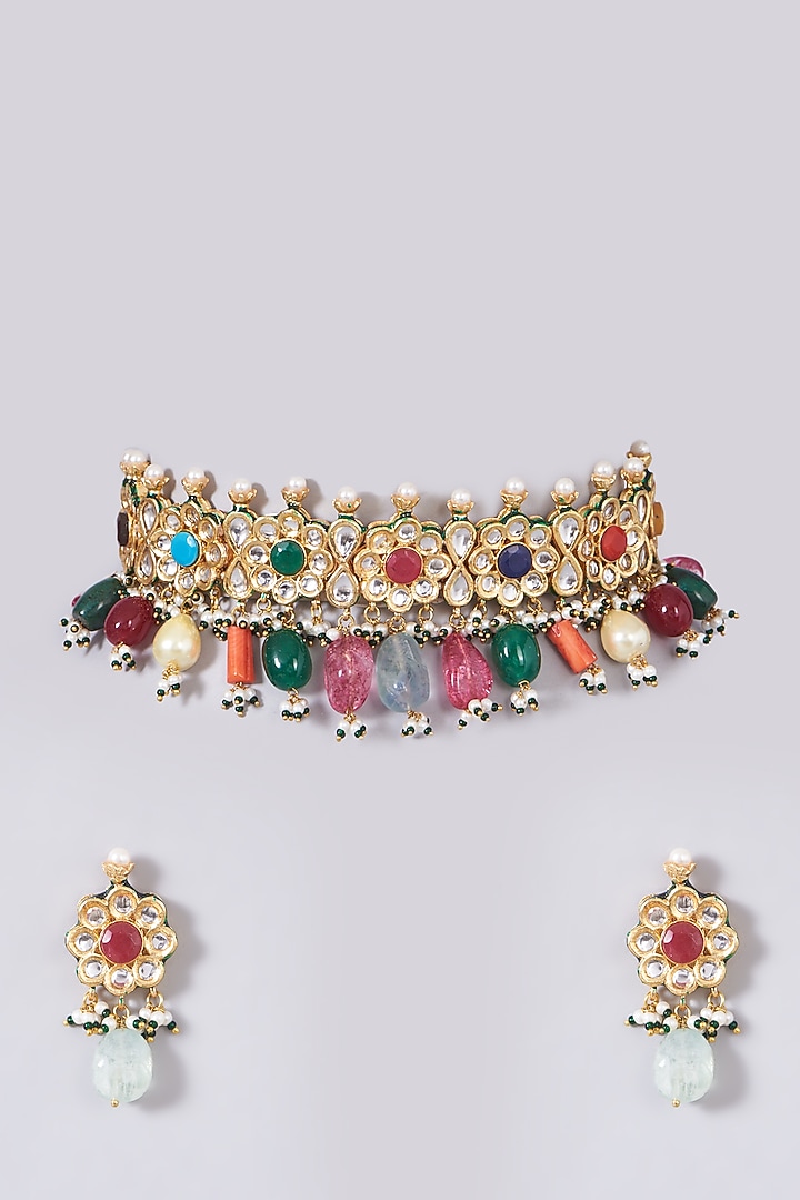 Gold Finish Multi-Colored Beaded Choker Necklace Set by VASTRAA Jewellery at Pernia's Pop Up Shop