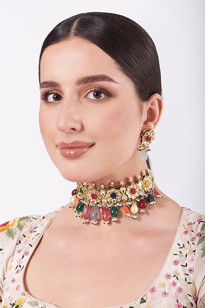 Gold Finish Multi-Colored Beaded Choker Necklace Set by VASTRAA Jewellery at Pernia's Pop Up Shop