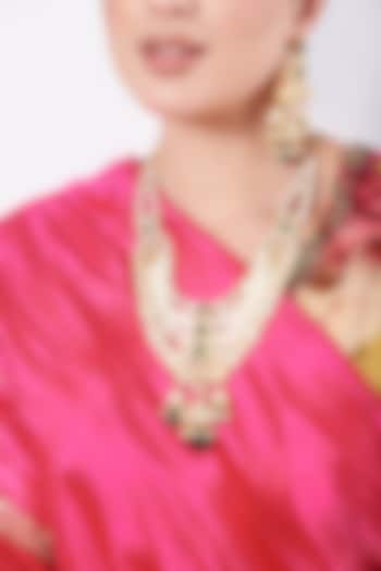 Gold Finish Kundan Polki Layered Long Necklace Set by VASTRAA Jewellery at Pernia's Pop Up Shop