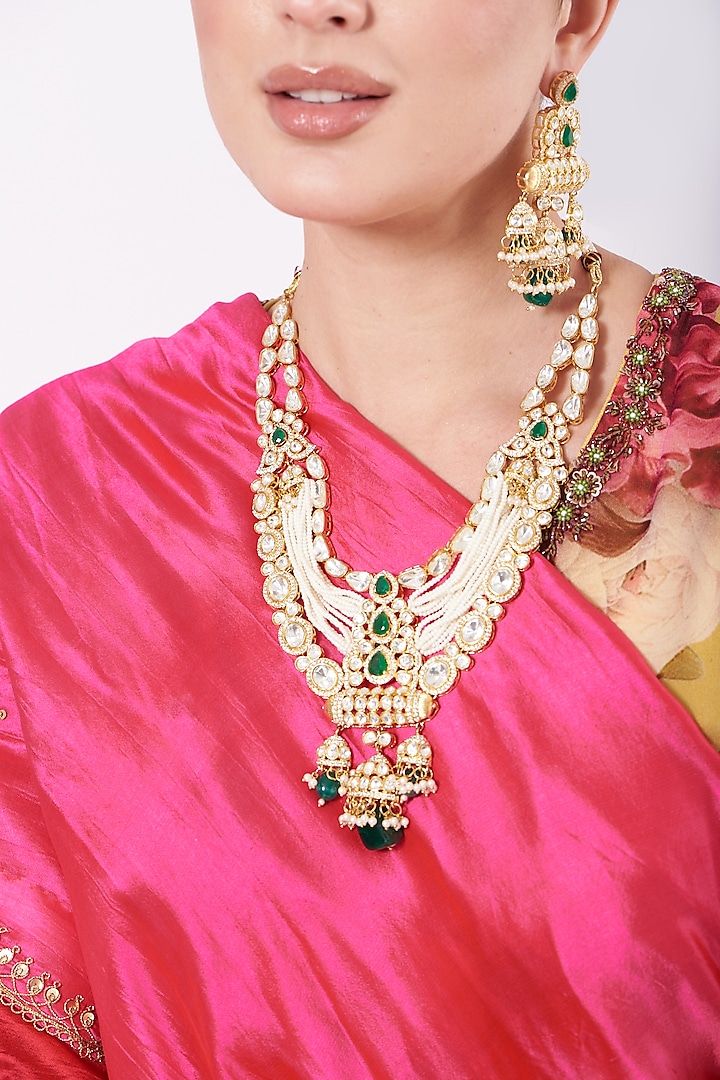Gold Finish Kundan Polki Layered Long Necklace Set by VASTRAA Jewellery at Pernia's Pop Up Shop