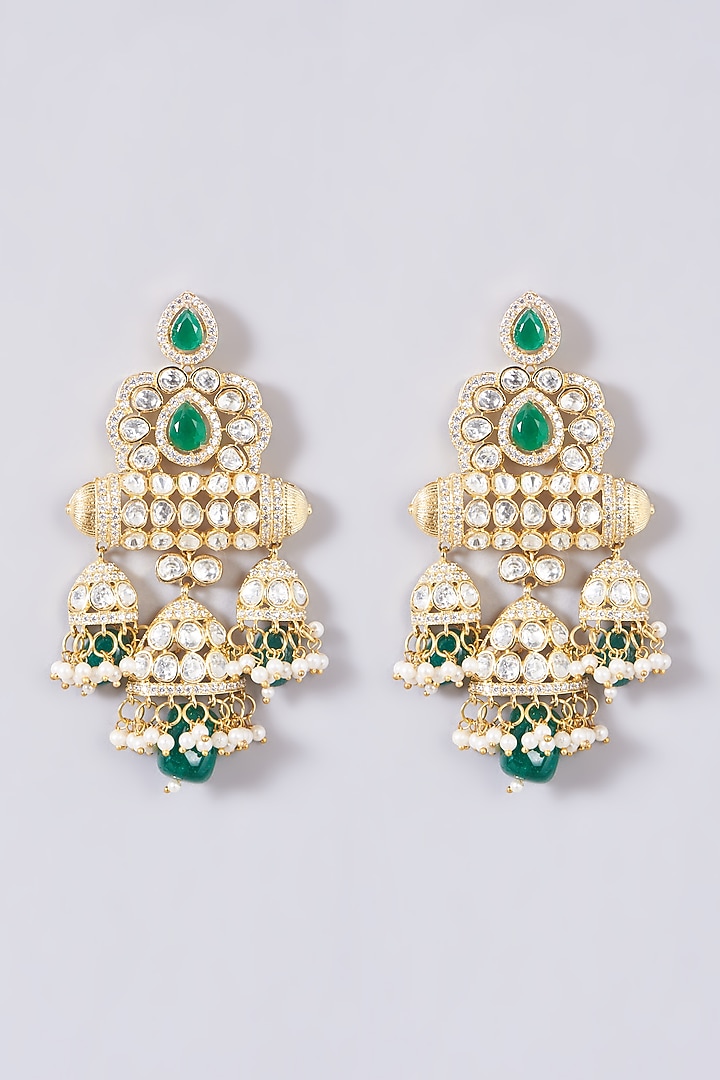 Gold Finish Kundan Polki Layered Long Necklace Set by VASTRAA Jewellery at Pernia's Pop Up Shop