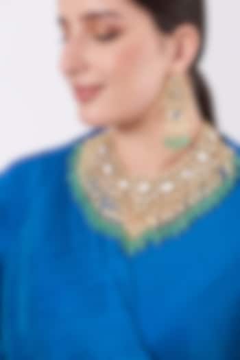 Gold Finish Kundan Polk & Sea Green Beaded Choker Necklace Set by VASTRAA Jewellery