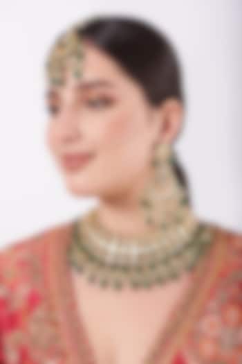 Gold Finish Kundan Polki & Dark Green Beaded Choker Necklace Set by VASTRAA Jewellery