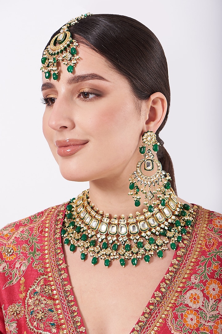 Gold Finish Kundan Polki & Dark Green Beaded Choker Necklace Set by VASTRAA Jewellery