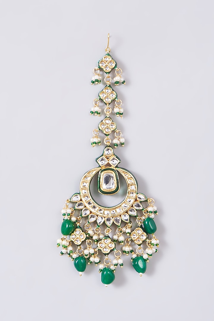 Gold Finish Kundan Polki & Dark Green Beaded Choker Necklace Set by VASTRAA Jewellery at Pernia's Pop Up Shop