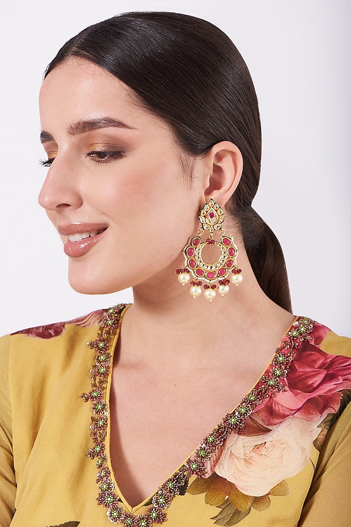 Gold Finish Kundan Polki & Red Synthetic Stone Chandbaali Earrings by VASTRAA Jewellery