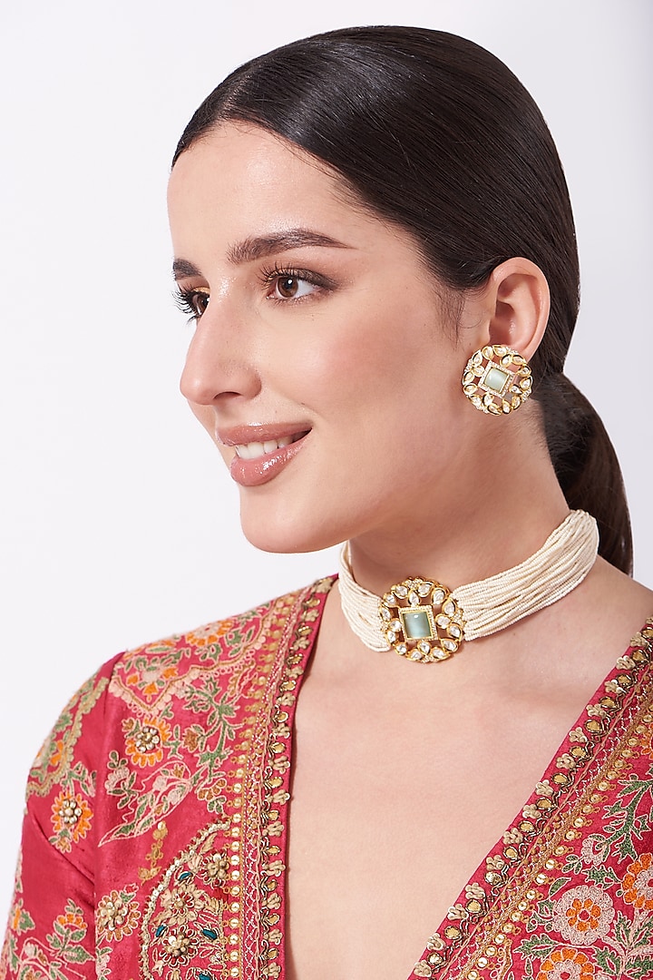 Gold Finish Kundan Polki & Pearl Choker Necklace Set by VASTRAA Jewellery
