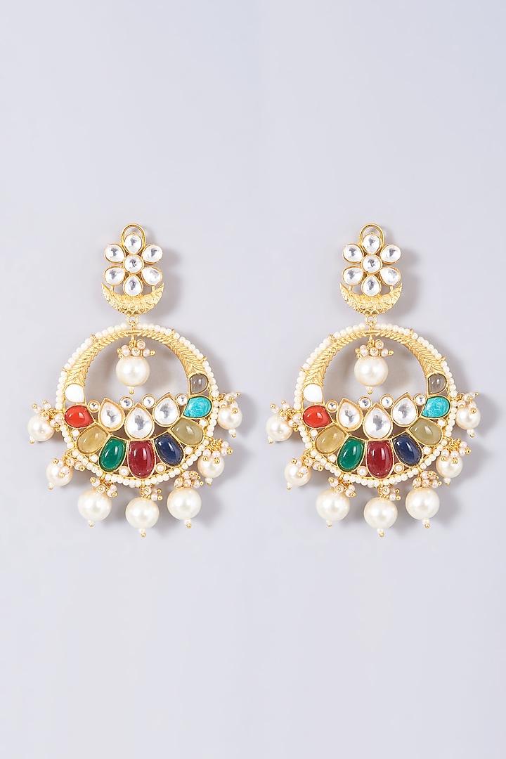 Gold Finish Multi-Colored Synthetic Stone Chandbaali Earrings by VASTRAA Jewellery at Pernia's Pop Up Shop