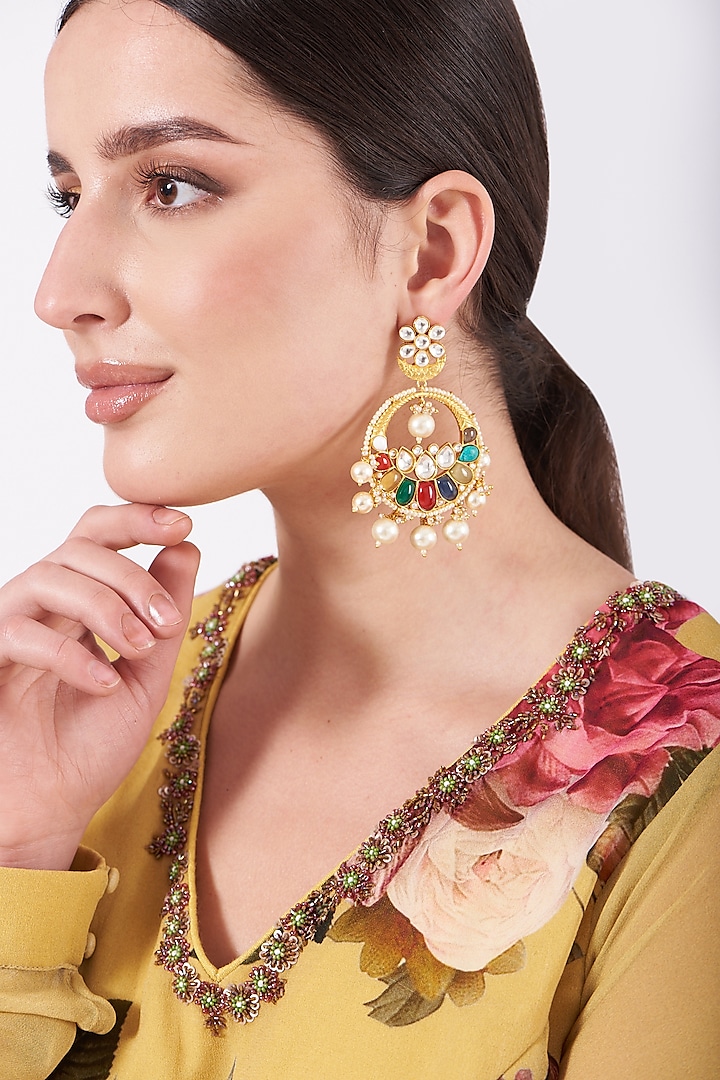 Gold Finish Multi-Colored Synthetic Stone Chandbaali Earrings by VASTRAA Jewellery