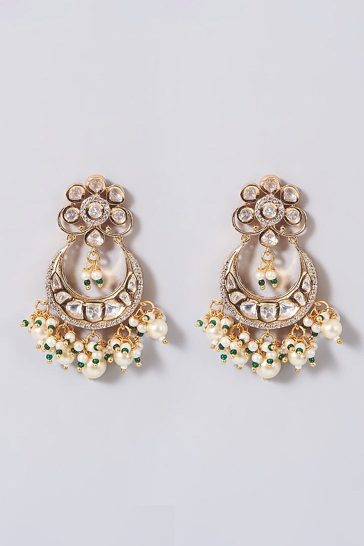 Gold Finish Kundan Polki & Pearl Dangler Earrings by VASTRAA Jewellery at Pernia's Pop Up Shop