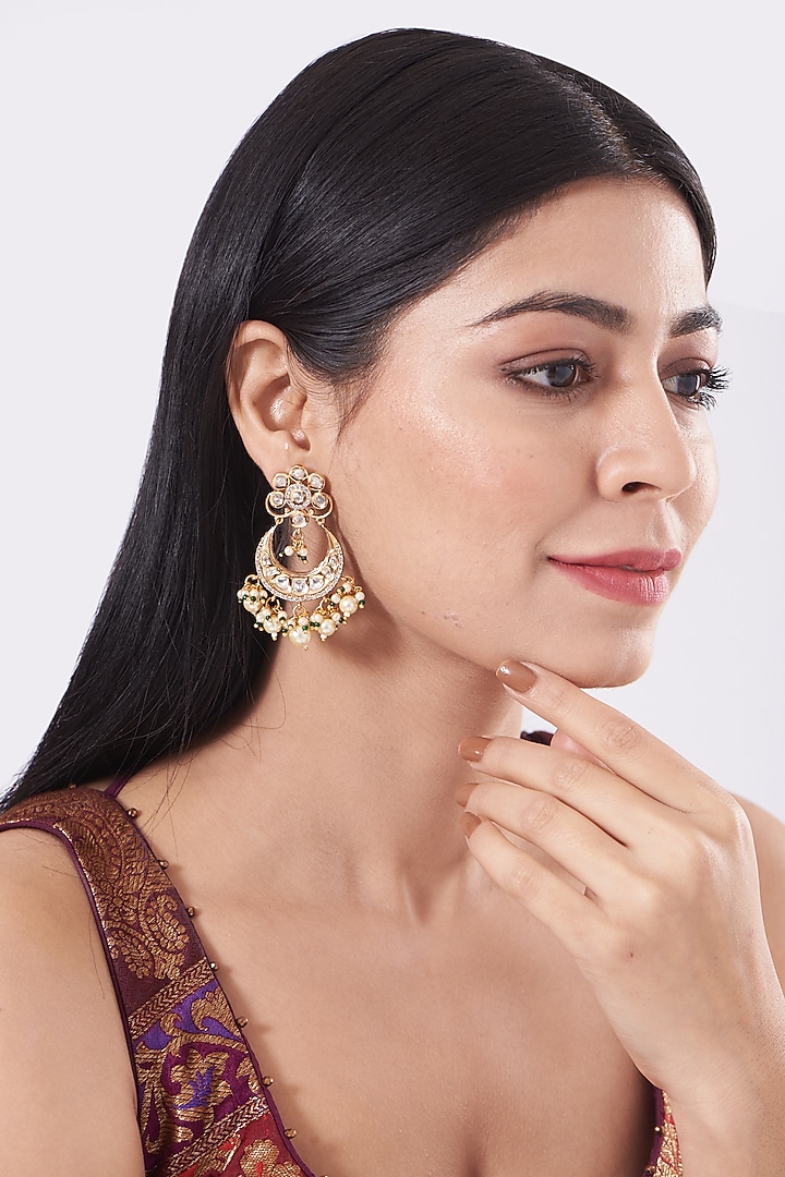 Gold Finish Kundan Polki & Pearl Dangler Earrings by VASTRAA Jewellery at Pernia's Pop Up Shop