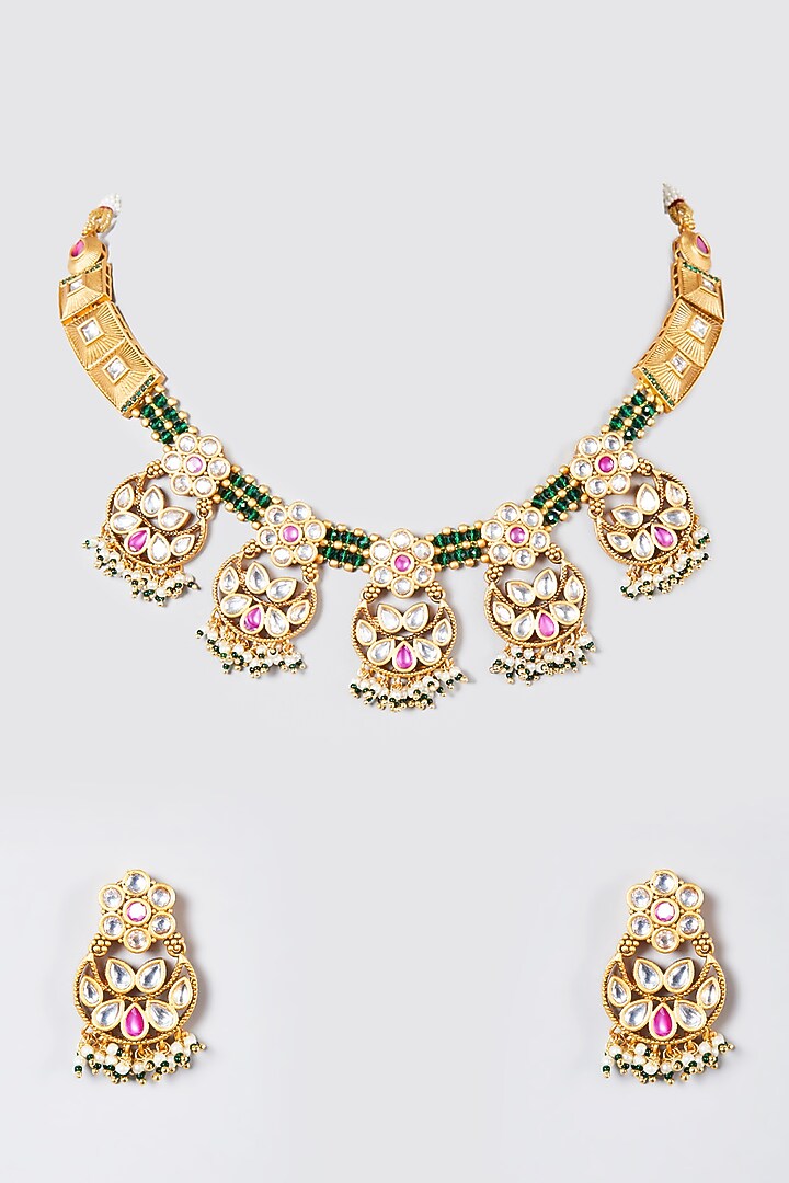 Gold Finish Temple Motifs & Green Stone Choker Necklace Set by VASTRAA Jewellery at Pernia's Pop Up Shop