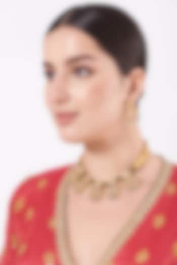Gold Finish Temple Motifs & Green Stone Choker Necklace Set by VASTRAA Jewellery