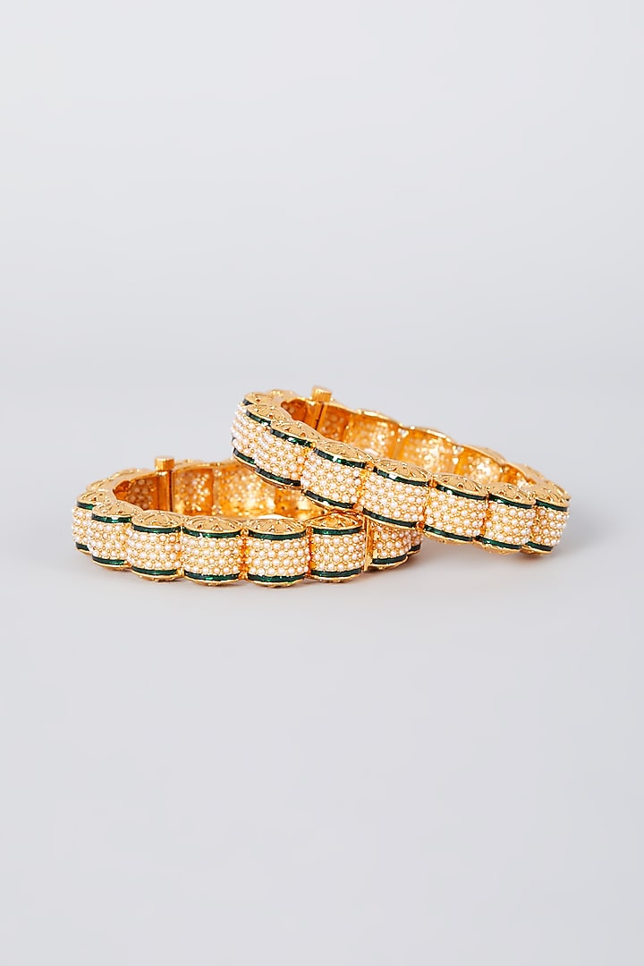Gold Finish Pearl Bangles (Set of 2) by VASTRAA Jewellery at Pernia's Pop Up Shop