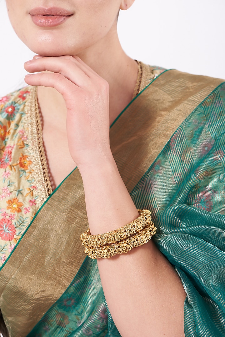 Gold Finish Bangles (Set of 2) by VASTRAA Jewellery at Pernia's Pop Up Shop
