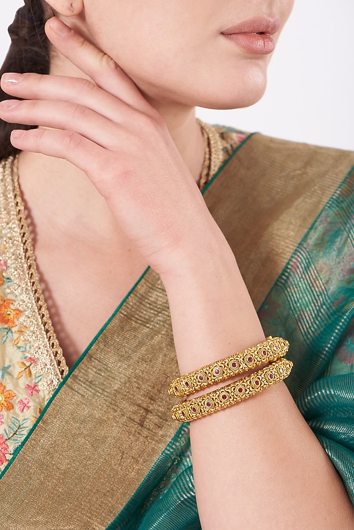 Gold Finish Bangles (Set of 2) by VASTRAA Jewellery at Pernia's Pop Up Shop