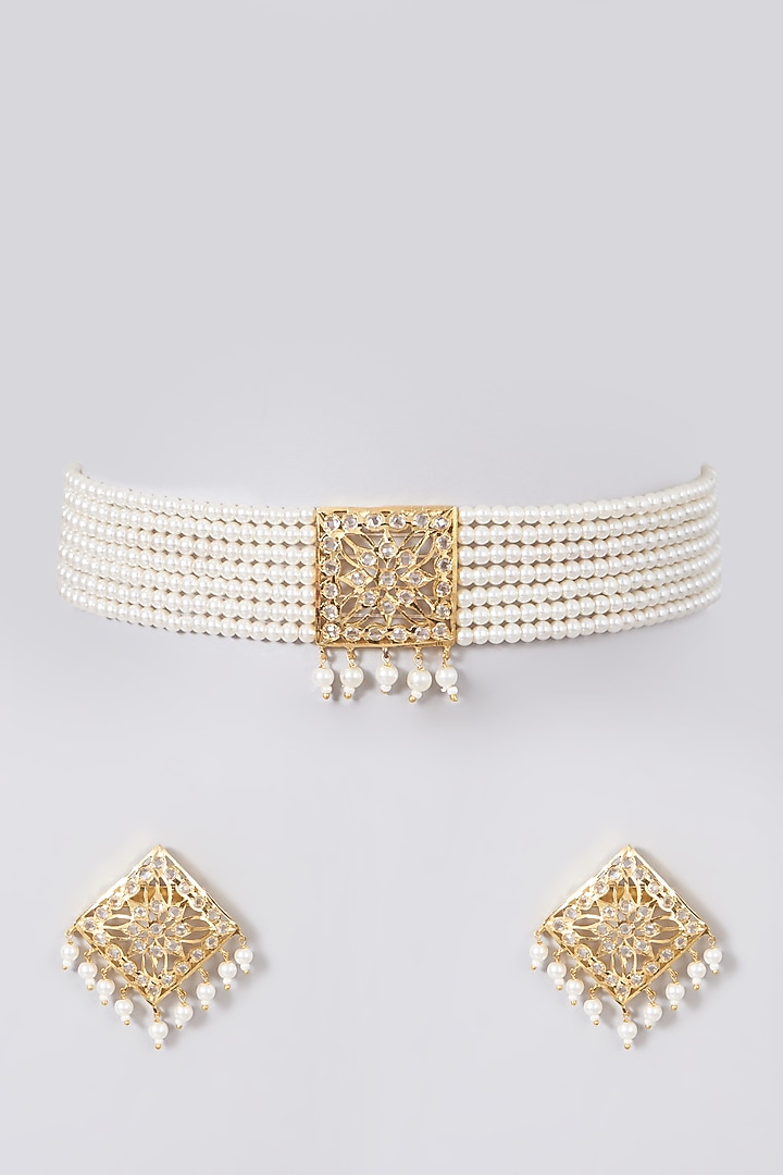 Gold Finish Kundan Polki & Pearl Choker Necklace Set by VASTRAA Jewellery at Pernia's Pop Up Shop