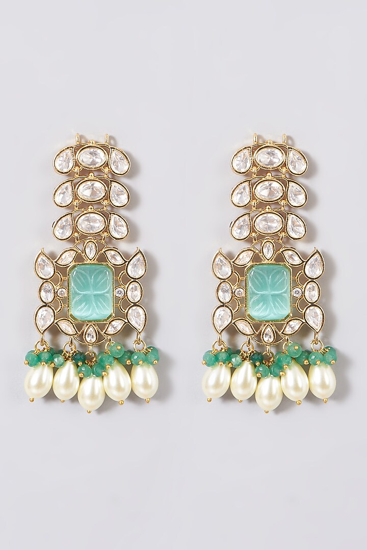 Gold Finish Kundan Polki & Blue Synthetic Stones Dangler Earrings by VASTRAA Jewellery at Pernia's Pop Up Shop