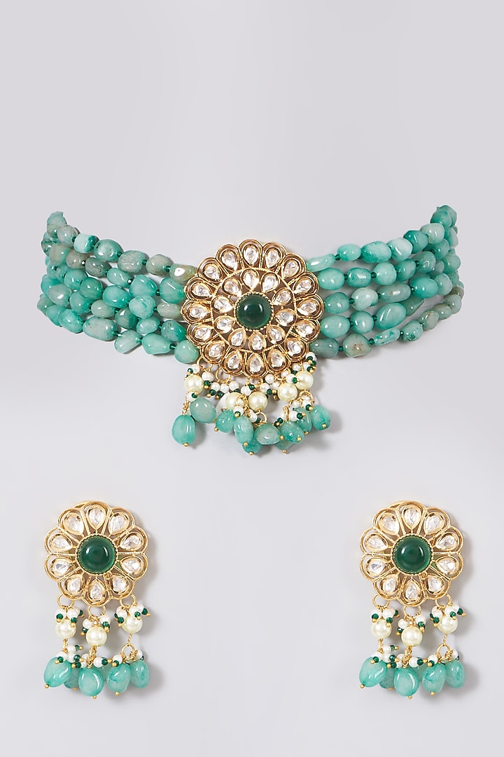 Gold Finish Kundan Polki & Synthetic Stones Necklace Set by VASTRAA Jewellery at Pernia's Pop Up Shop