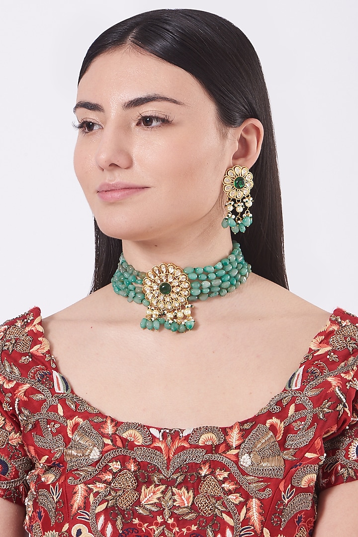 Gold Finish Kundan Polki & Synthetic Stones Necklace Set by VASTRAA Jewellery
