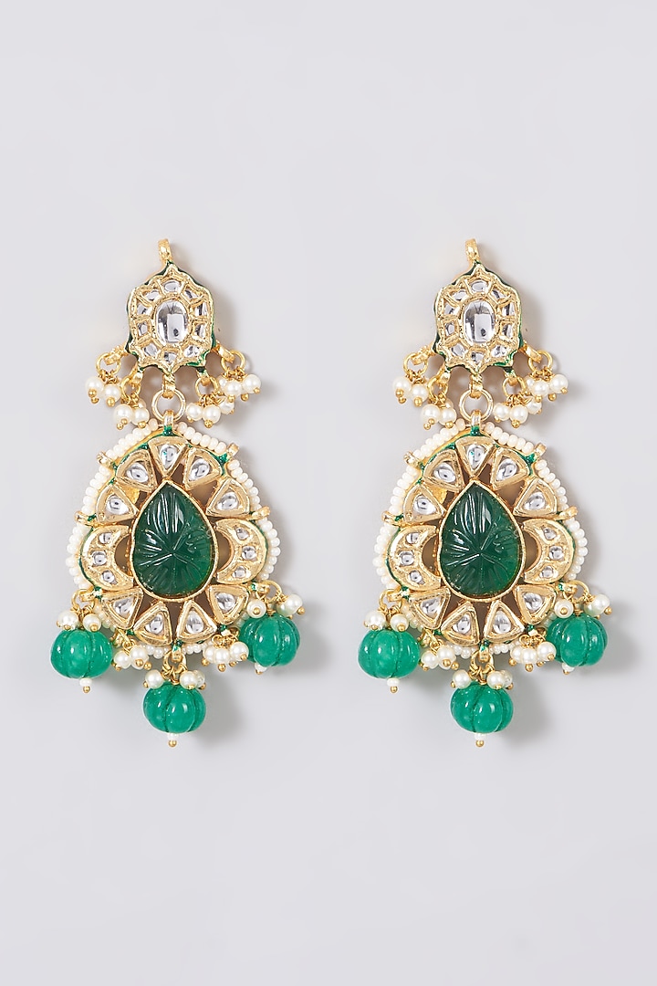 Gold Finish Kundan Polki & Green Synthetic Stones Dangler Earrings by VASTRAA Jewellery at Pernia's Pop Up Shop