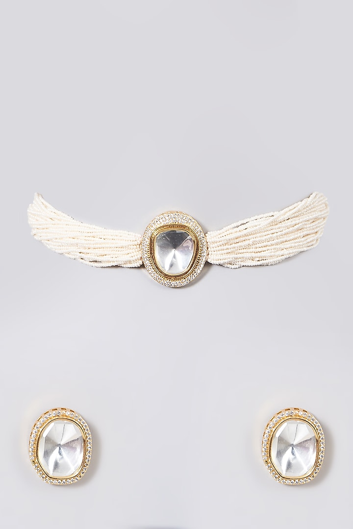 Gold Finish Kundan Polki & Pearls Choker Necklace Set by VASTRAA Jewellery at Pernia's Pop Up Shop