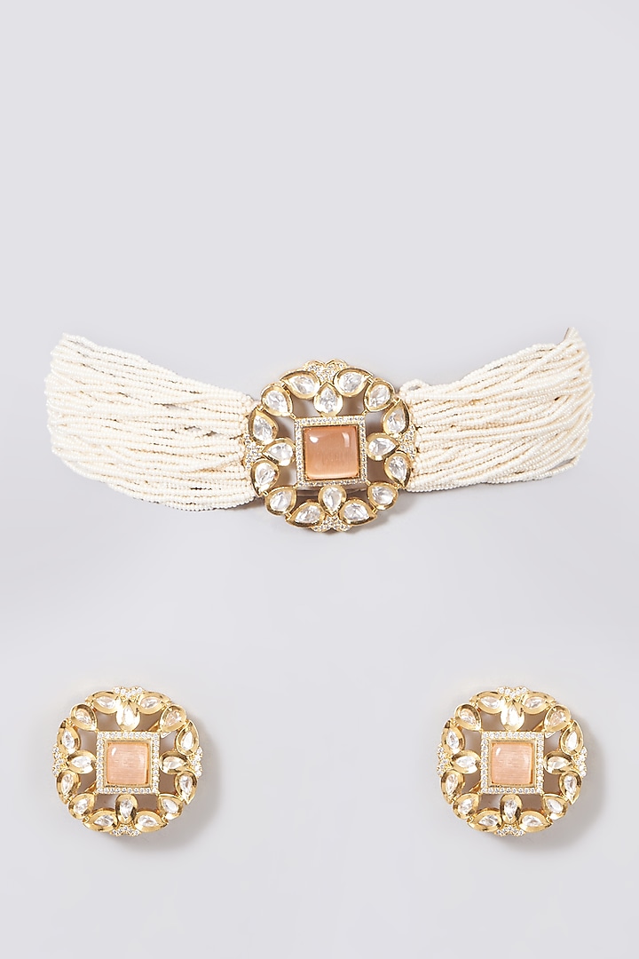 Gold Finish Kundan Polki & Pink Synthetic Stone Choker Necklace Set by VASTRAA Jewellery at Pernia's Pop Up Shop