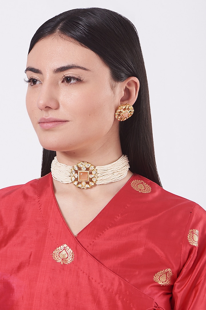 Gold Finish Kundan Polki & Pink Synthetic Stone Choker Necklace Set by VASTRAA Jewellery at Pernia's Pop Up Shop