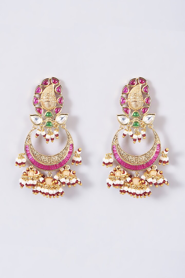 Gold Finish Red Beaded & Stone Dangler Earrings by VASTRAA Jewellery at Pernia's Pop Up Shop