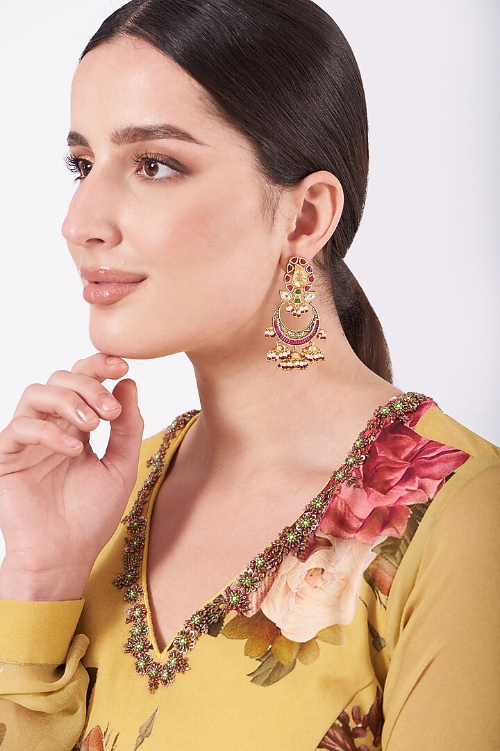 Gold Finish Red Beaded & Stone Dangler Earrings by VASTRAA Jewellery at Pernia's Pop Up Shop