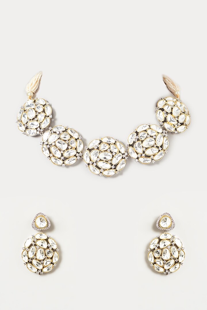 Gold Finish Kundan Polki Necklace Set by VASTRAA Jewellery at Pernia's Pop Up Shop