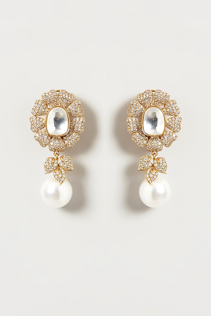 Gold Finish Pearl & Kundan Polki Dangler Earrings by VASTRAA Jewellery at Pernia's Pop Up Shop