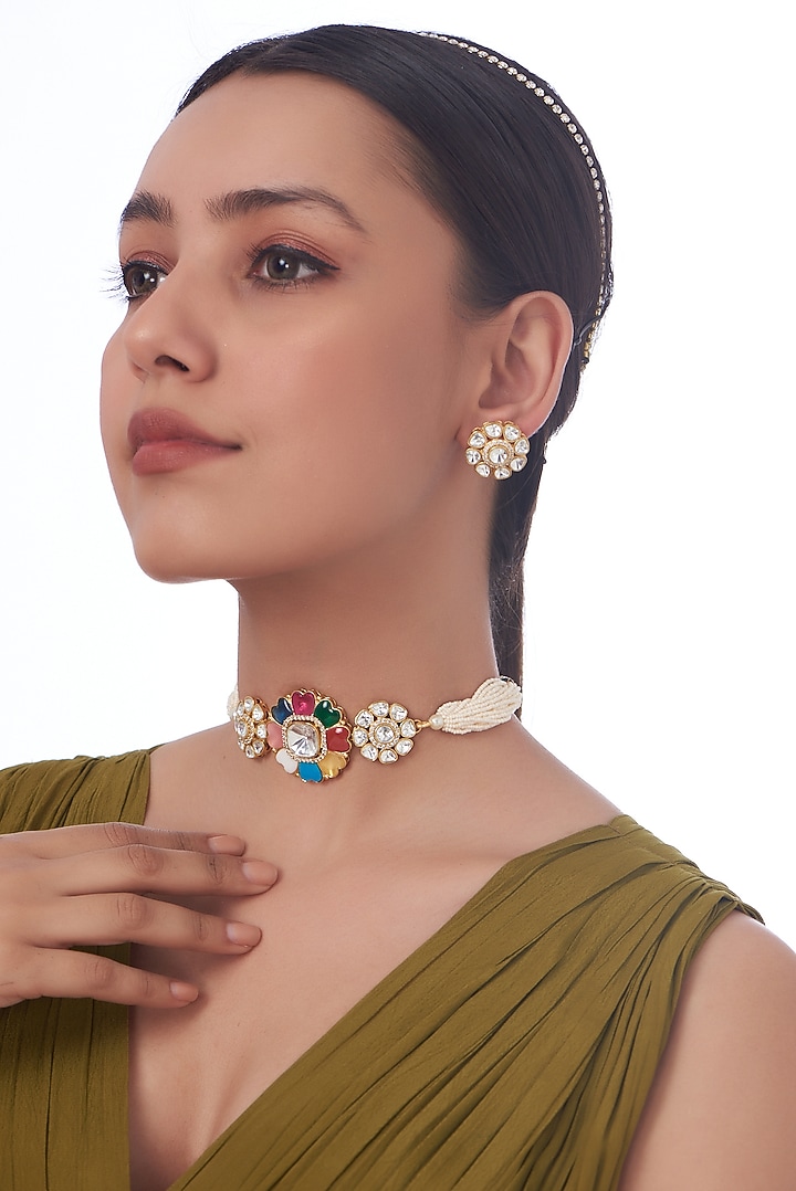 Gold Finish Pachi Kundan Polki & Multi-Colored Stone Choker Necklace Set by VASTRAA Jewellery at Pernia's Pop Up Shop
