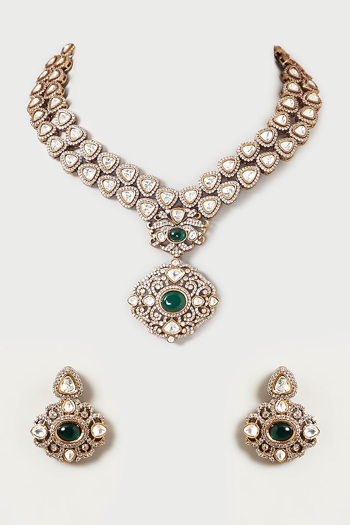 Black Rhodium Finish Kundan Polki & Emerald Synthetic Stone Necklace Set by VASTRAA Jewellery at Pernia's Pop Up Shop