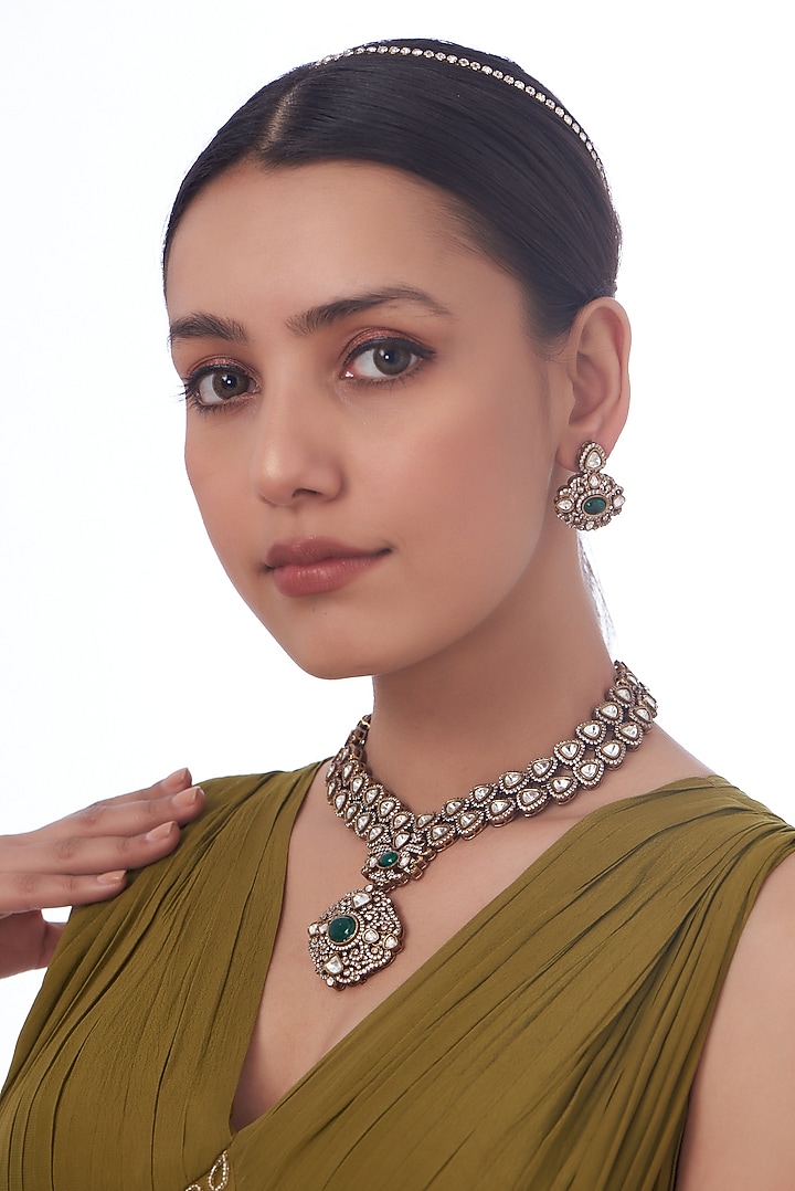 Black Rhodium Finish Kundan Polki & Emerald Synthetic Stone Necklace Set by VASTRAA Jewellery at Pernia's Pop Up Shop