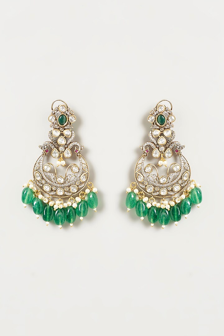 Two Tone Finish Kundan Polki & Green Beaded Dangler Earrings by VASTRAA Jewellery at Pernia's Pop Up Shop