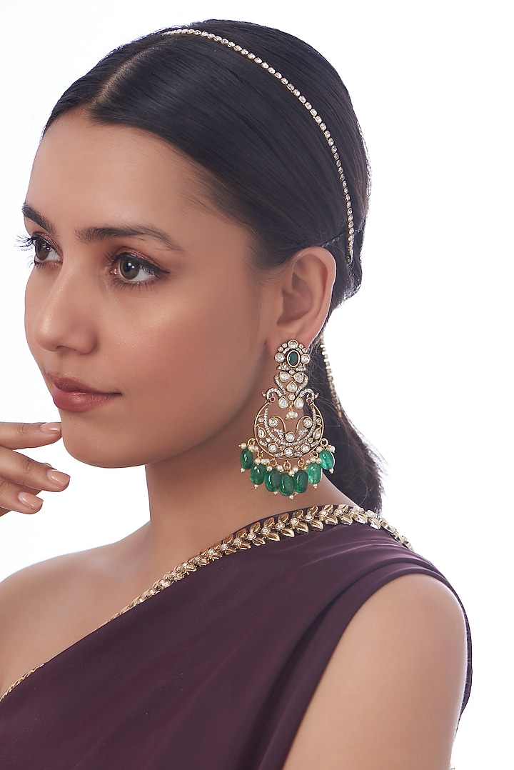 Two Tone Finish Kundan Polki & Green Beaded Dangler Earrings by VASTRAA Jewellery at Pernia's Pop Up Shop