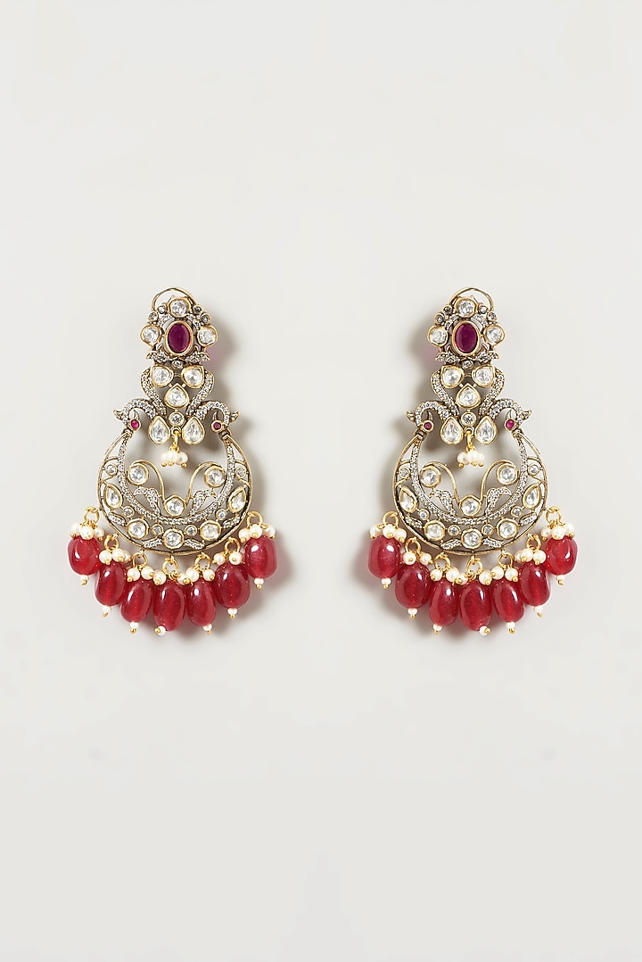 Two Tone Finish Kundan Polki & Red Beaded Dangler Earrings by VASTRAA Jewellery at Pernia's Pop Up Shop