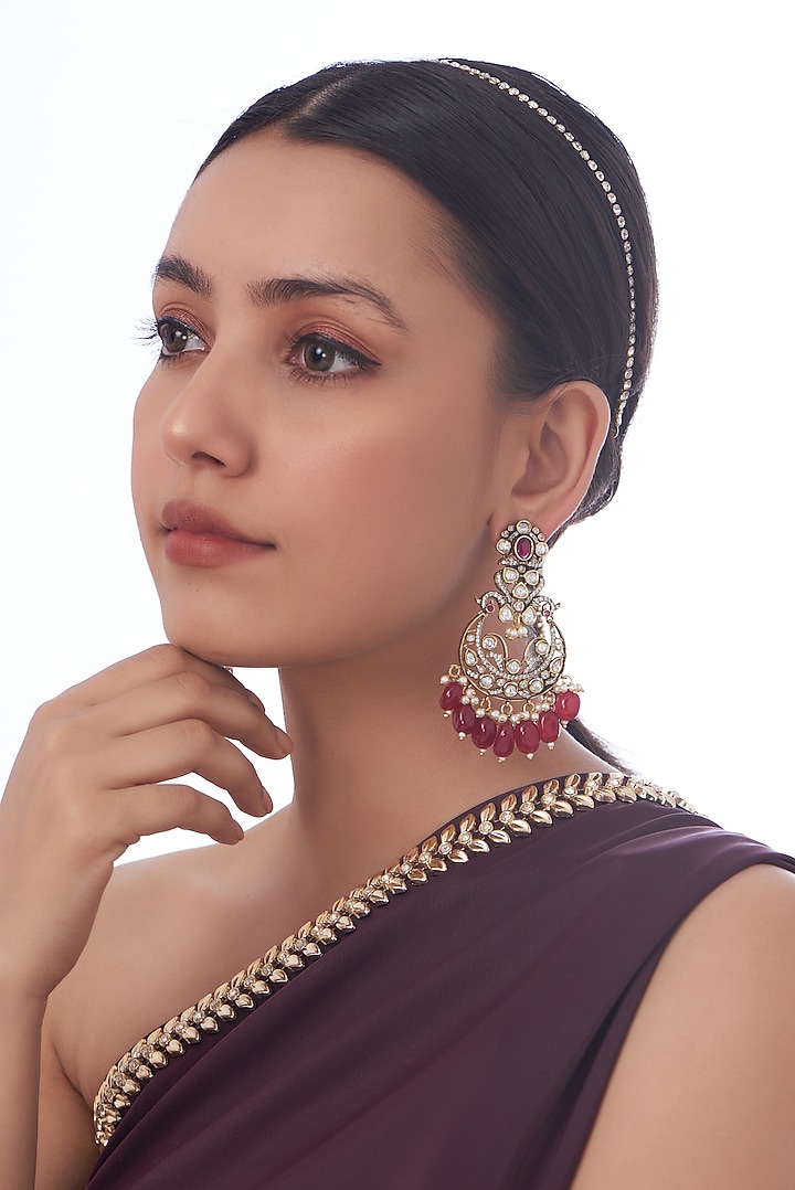 Two Tone Finish Kundan Polki & Red Beaded Dangler Earrings by VASTRAA Jewellery at Pernia's Pop Up Shop