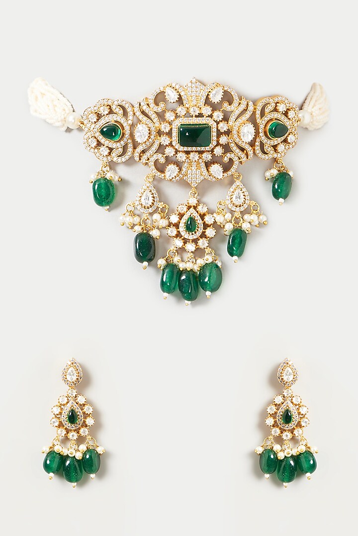 Gold Finish Kundan Polki & Green Beaded Necklace Set by VASTRAA Jewellery at Pernia's Pop Up Shop