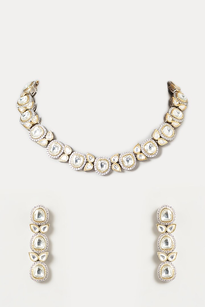 Gold Finish Kundan Polki Necklace Set by VASTRAA Jewellery at Pernia's Pop Up Shop