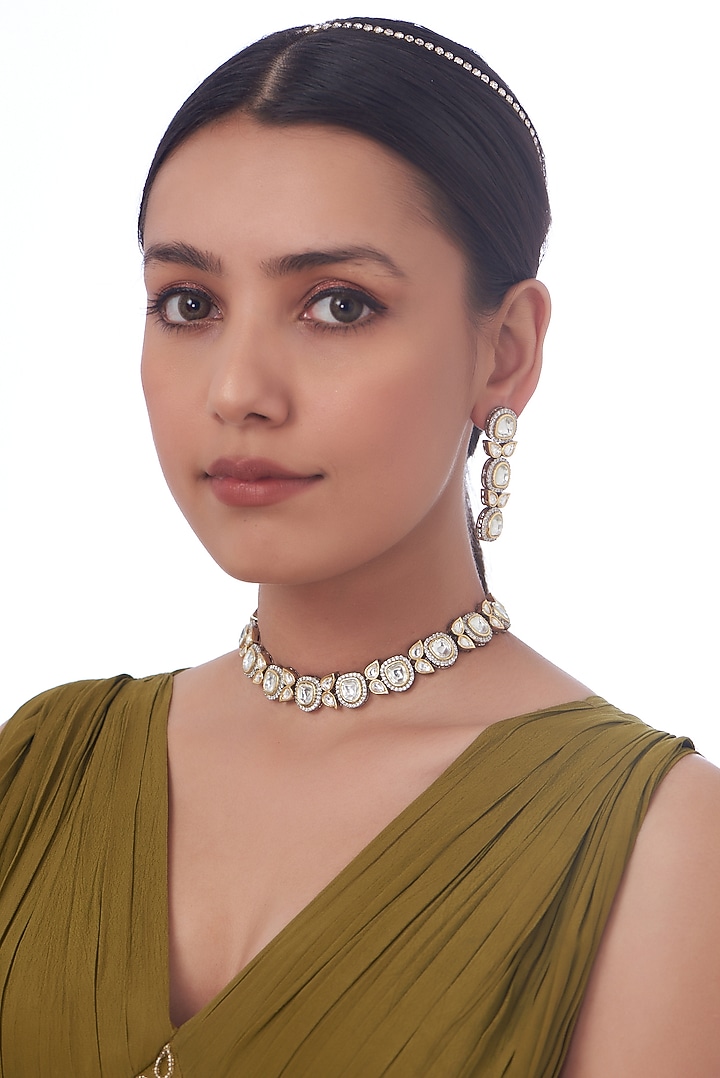 Gold Finish Kundan Polki Necklace Set by VASTRAA Jewellery at Pernia's Pop Up Shop