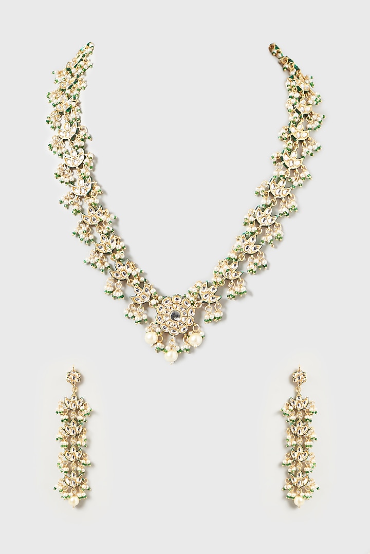 Gold Finish Kundan Polki Long Necklace Set by VASTRAA Jewellery at Pernia's Pop Up Shop